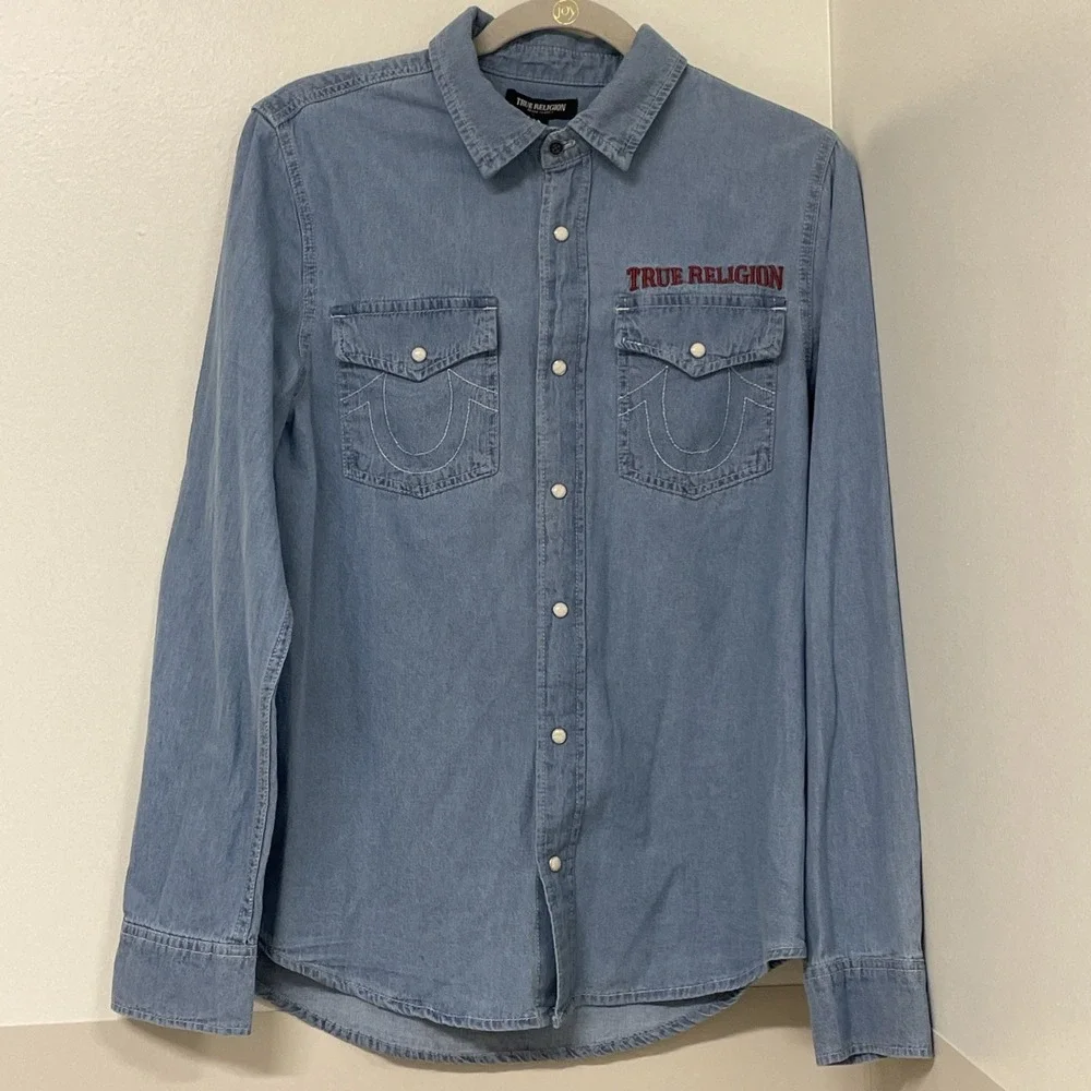NWT True Religion Denim Long Sleeve Shirt Western Chambray Pearl Snap Men's S